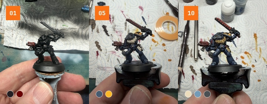 Space Wolf miniature painting progress across three steps